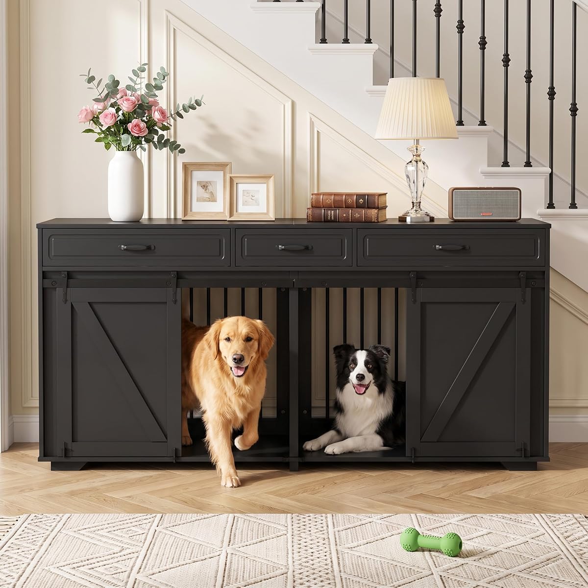 Double Dog Crate Furniture, 71" TV Stand Kennel for 2 Dogs