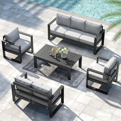 5 Pieces Aluminum Outdoor Patio Furniture Set, Metal Modern Conversation Sofa Set with Coffee Table and Washable Thick Cushions for Porch, Backyard, Deck