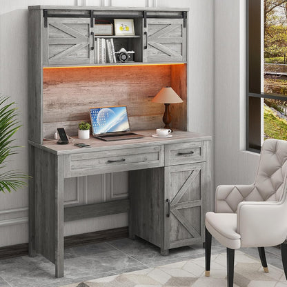 Farmhouse 47" Computer Desk with Hutch, Workstation, Grey