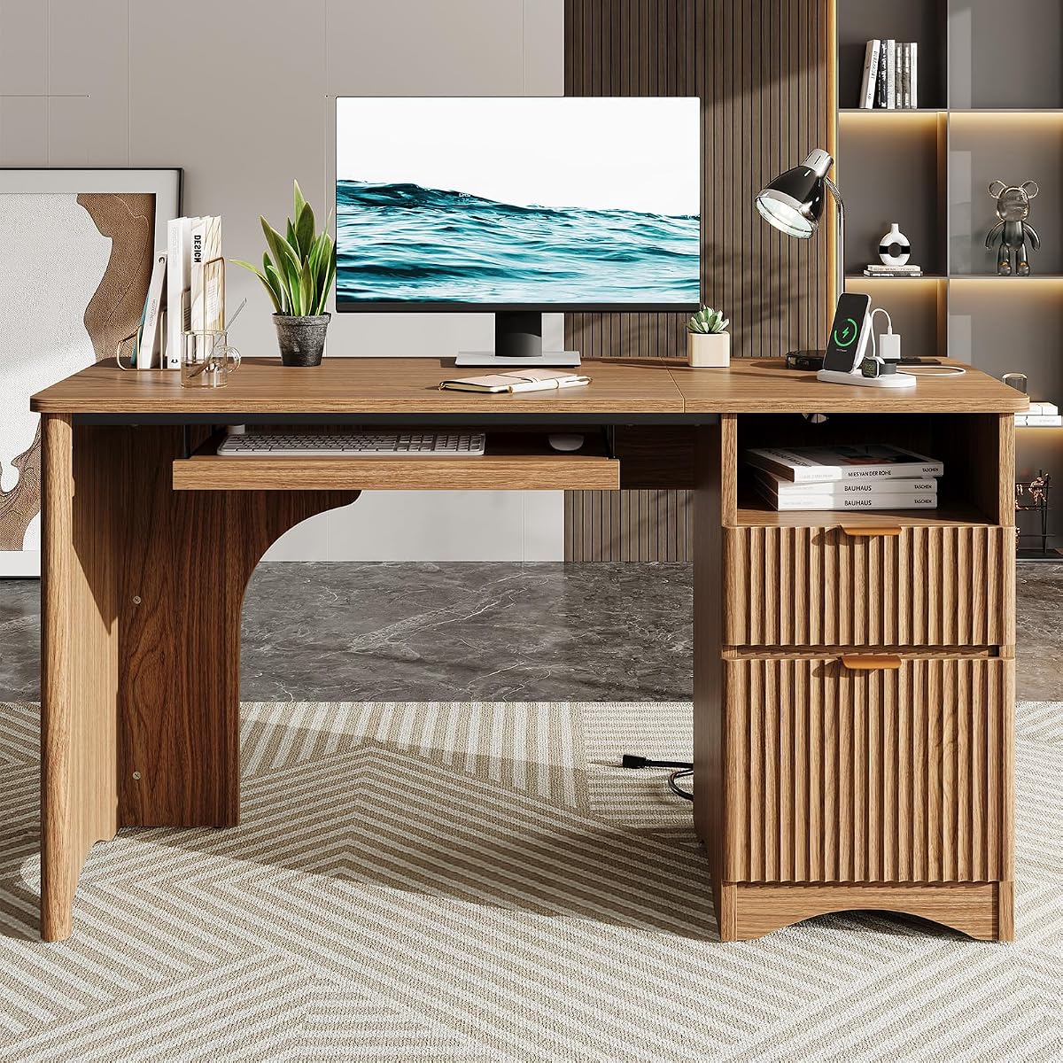 55 Inch Computer Desk with Drawers, Power Outlet, Brown Oak