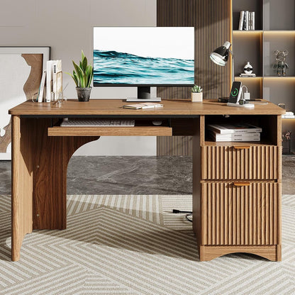 55 Inch Computer Desk with Drawers, Power Outlet, Brown Oak