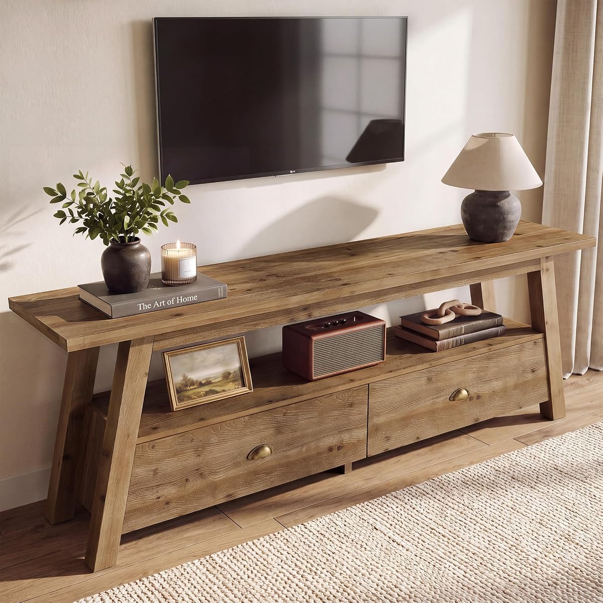 63" Solid Wood TV Stand, 2-Tier Media Console with Drawers