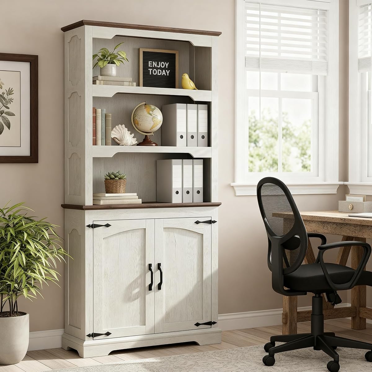 70'' Farmhouse White Bookcase Bookshelf, 5-Tier Bookcase with Doors Storage