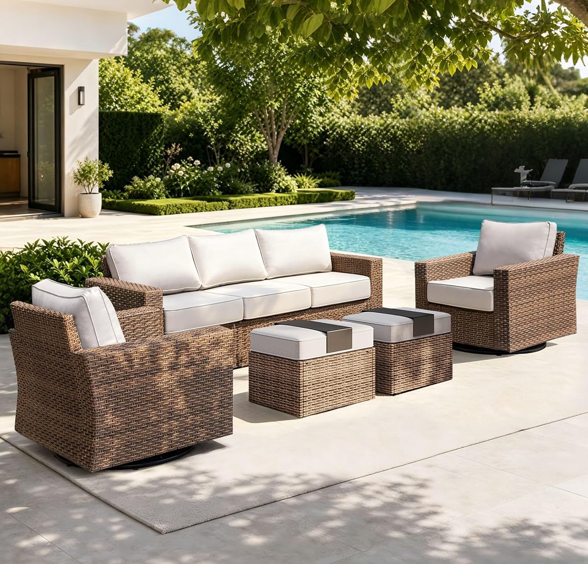 Swivel Glider 5 Piece Outdoor Furniture Set with Swivel Chairs, Wicker Patio Furniture with 4.92" Wide Armrest, 26.3" Deep Seating and 5.5" Thick Cushions, Grey