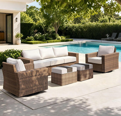 Swivel Glider 5 Piece Outdoor Furniture Set with Swivel Chairs, Wicker Patio Furniture with 4.92" Wide Armrest, 26.3" Deep Seating and 5.5" Thick Cushions, Grey