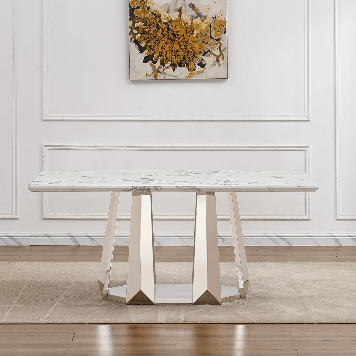 Marble Dining Table for 6 People, 70'' Rectangle Faux Marble Dining Table with Mirrored Stainless Steel Base, Large Size Marble Kitchen Table (Silver,White)(only Table)