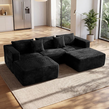110" Modular Sectional Boneless Sofa with 2 Ottomans, U Shaped Cloud Couch for Living Room, Deep Seat Corduroy Floor Sofa, No Assembly Required, Compressed Couch, 5 Seat, Black