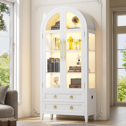 71" Tall Arched Storage Cabinet with Glass Doors and Drawers, Curio Display Cabinet with Adjustable LED Light & Human Sensor, 4-Tier China Cabinet for Living Room(White)