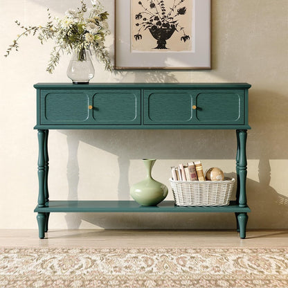 Mid-Century Console Table for Entryway with 2 Drawers, Green Entryway Table with Storage Cabinets and Open Shelf, Narrow Long Couch Table Behind Sofa for Living Room, Foyer, Hallway