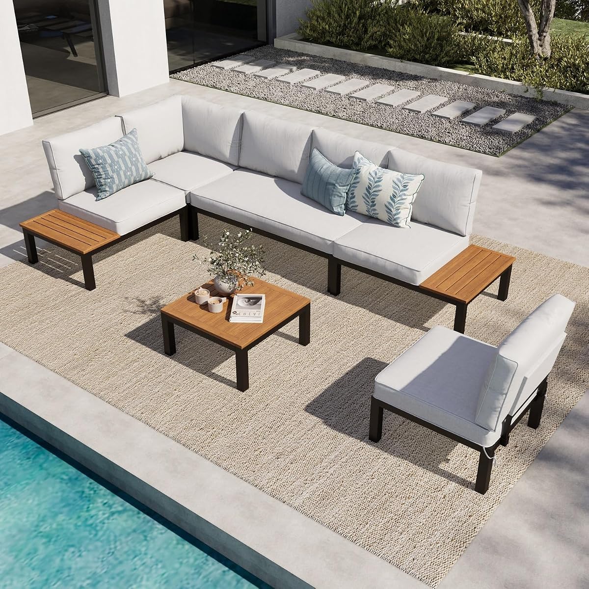 6 Pieces Patio Furniture Set, Metal Outdoor Sectional Sofa Modular Outdoor Couch, Modern Patio Conversation Set with Coffee Table for Backyard, Garden