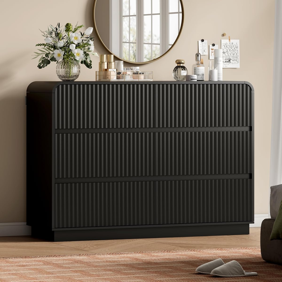 Black Dresser Fluted 6 Drawers Dresser for Bedroom