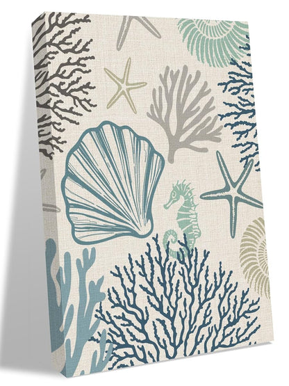 NuYeBiofx Summer Coastal Shell Coral Starfish Canvas Wall Art Prints,48"x32" Framed Picture Artwork Blue Ocean Printed Canvas Oil Painting for Living Room Bedroom Office,Ready to Hang
