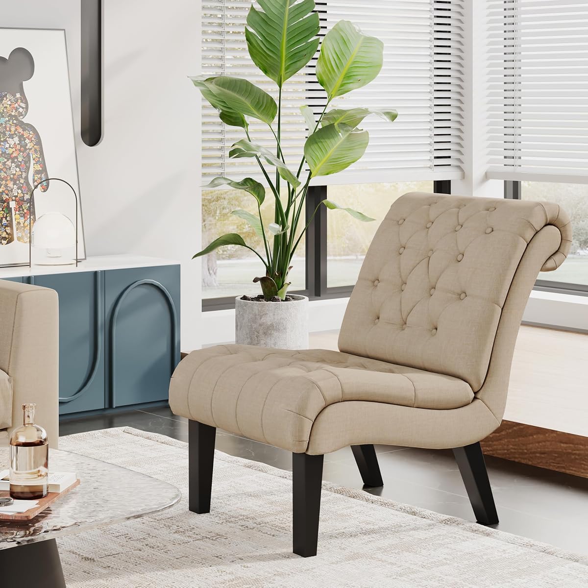Living Room Chair Modern Accent Chair, Upholstered Tufted Armless Bedroom Chair Sofa Backrest Fabric Recliner Lounge Chair Wood Legs-Khaki