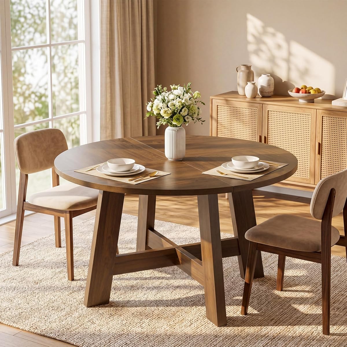 Tribesigns Round Dining Table for for 4-6 People, 47-Inch Circle Kitchen Table with Reinforced Cross Brace, Farmhouse Dining Room Furniture for Living Room, Apartment, Restaurant, Walnut Brown