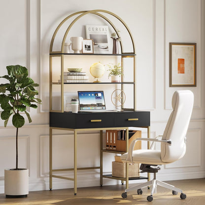Arched Desk with Hutch and 2 Drawers, Black and Gold Writing Desk