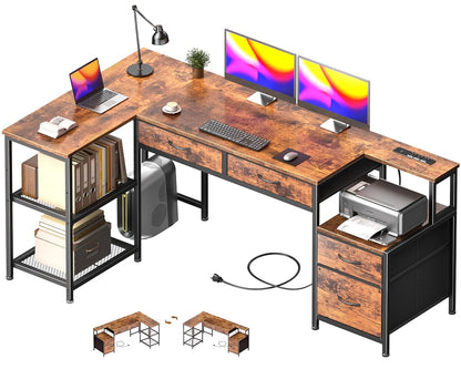 57" L Shaped Computer Desk with Power Outlet, Drawers, Rustic Brown