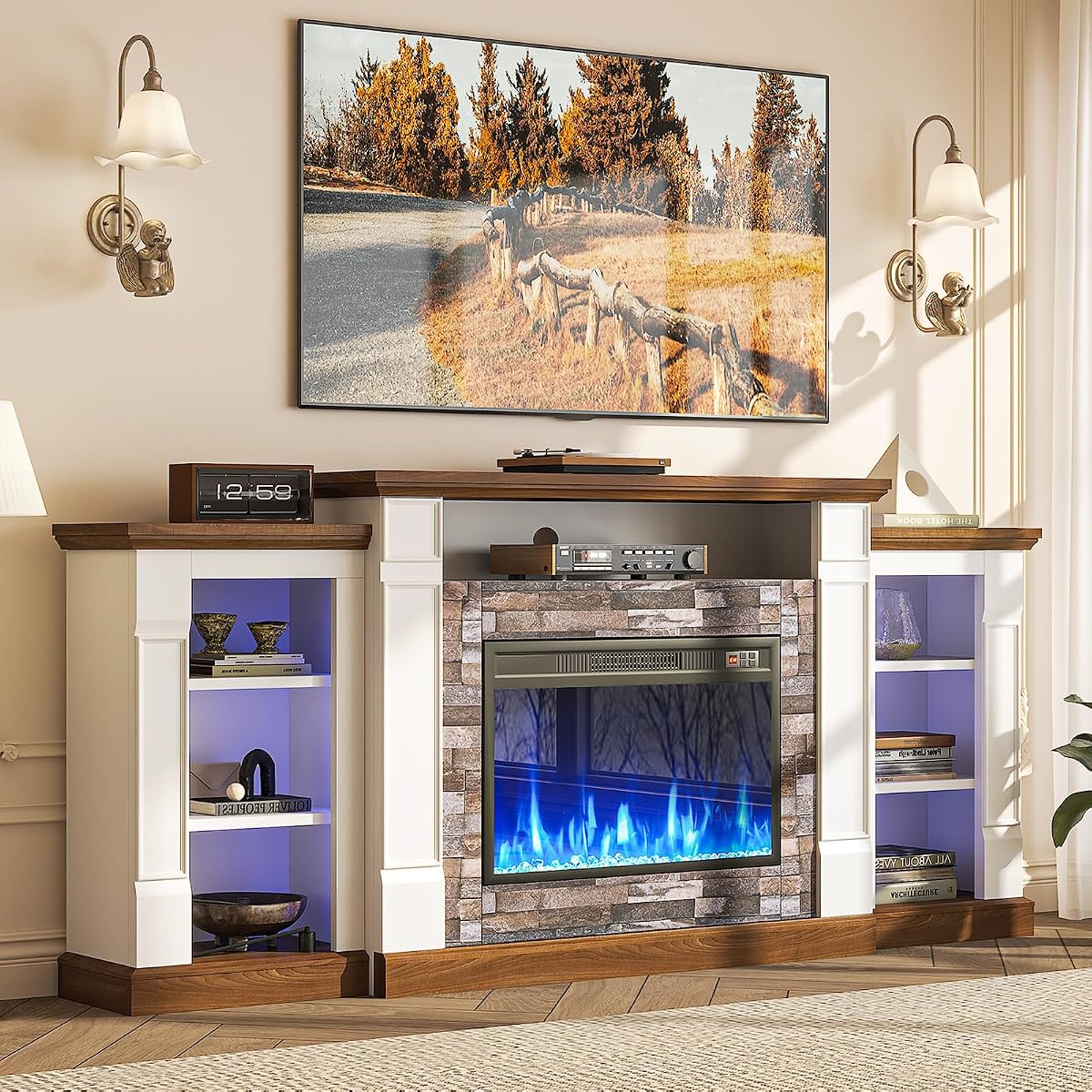 70" Electric Fireplace TV Stand, Entertainment Center with Open Storage