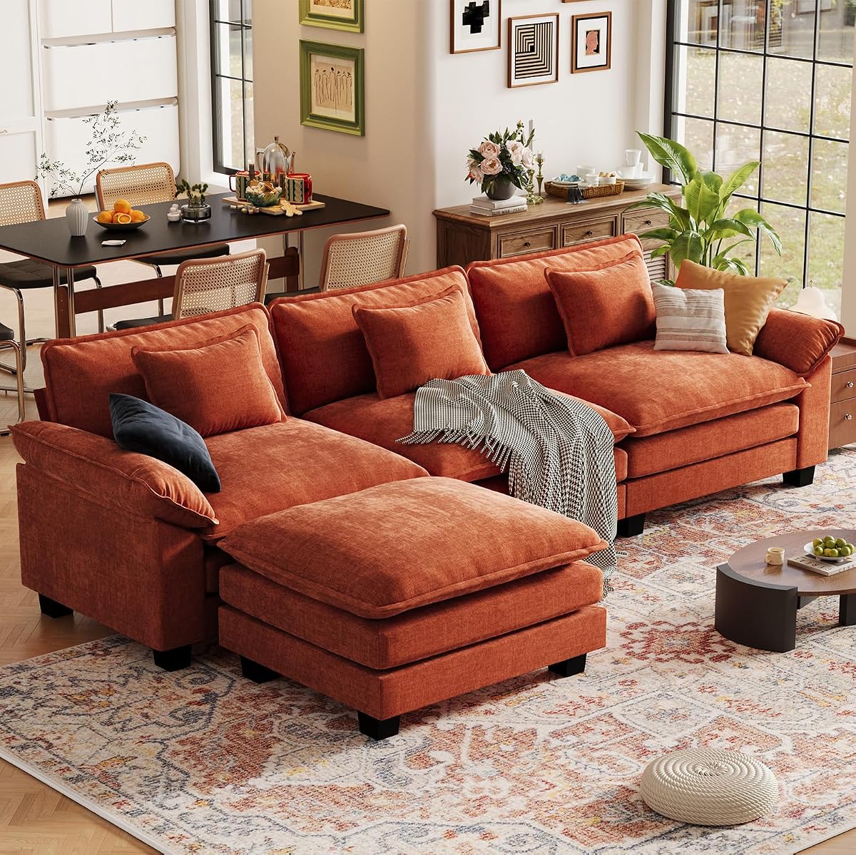 120" Modular Sectional Sofa, Comfy L-Shaped Cloud Couch with Movable Ottomans, Oversized 4-Seater Chenille Deep Seat Sofa Couch for Living Room, DIY Combination, Terracotta Orange