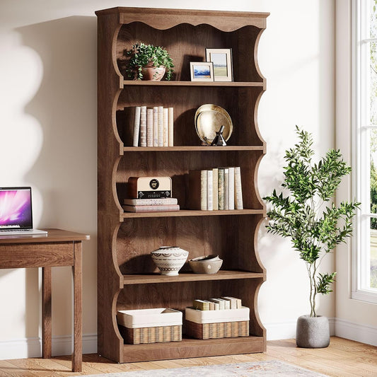 70-Inch Tall Bookcase, 5-Tier Open Bookshelf with Unique Curved-Edge Design