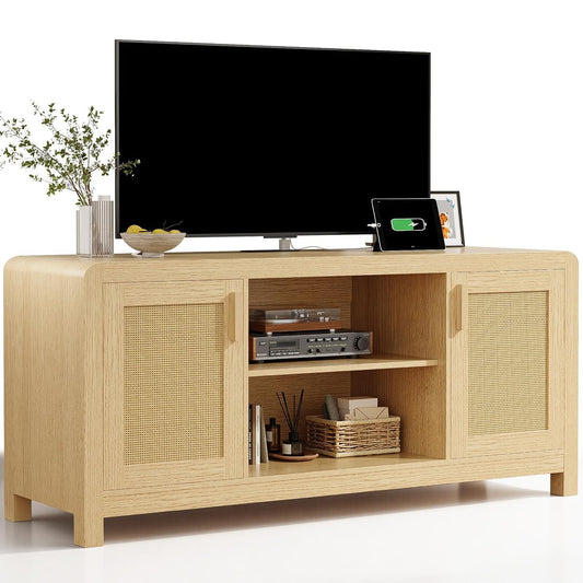TV Stand with Power Outlet for TVs up to 65", Entertainment Center with Rattan Doors Storage & Adjustable Shelves, Cord Holes, Modern Media Console for Living Room, Natural