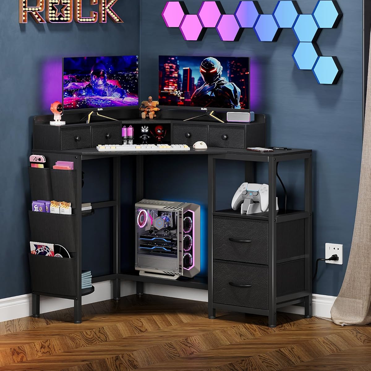 Corner Desk with 6 Drawers Shelves for Small Space Computer Desk with Power Outlets,Gaming Desk with Printer Monitor Stand Storage for Home Office Workstation Writing Table (Black, 31.5)