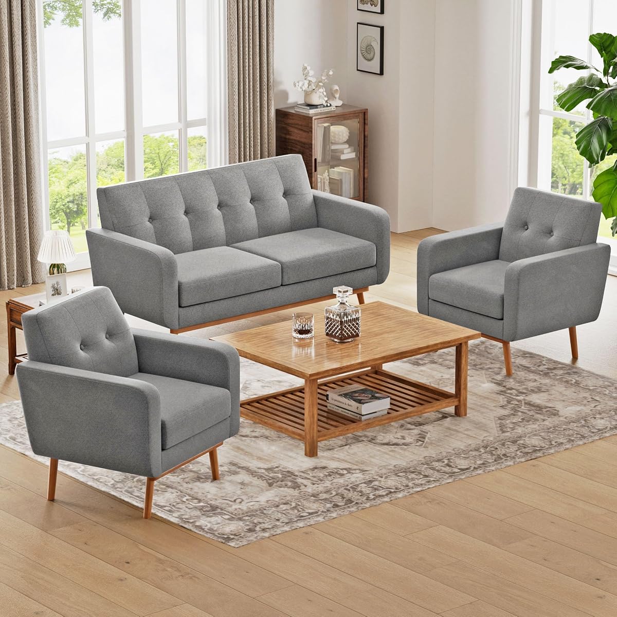 Living Room Set, Button Tufted Living Room Furniture Sets, Upholstered Modern Couch Set with Solid Frame, Sofa Set for Living Room (Dark Grey, 3 Piece Set-1*loveseat+2*Chair)
