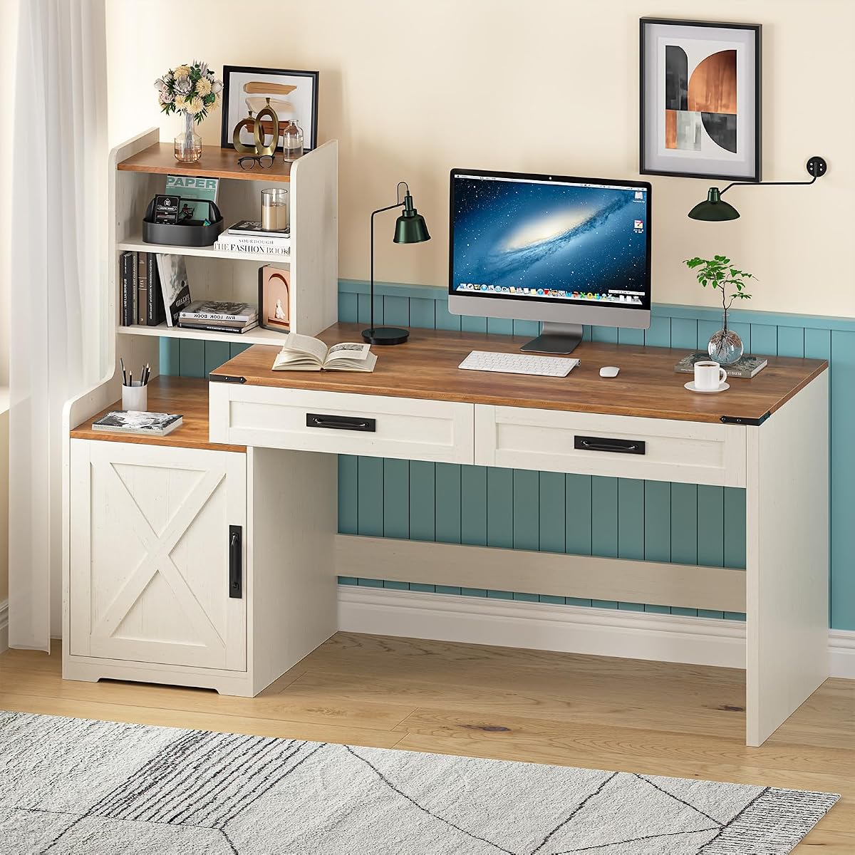 60" Computer Desk with Drawers & Bookshelves for Bedroom, Home Office