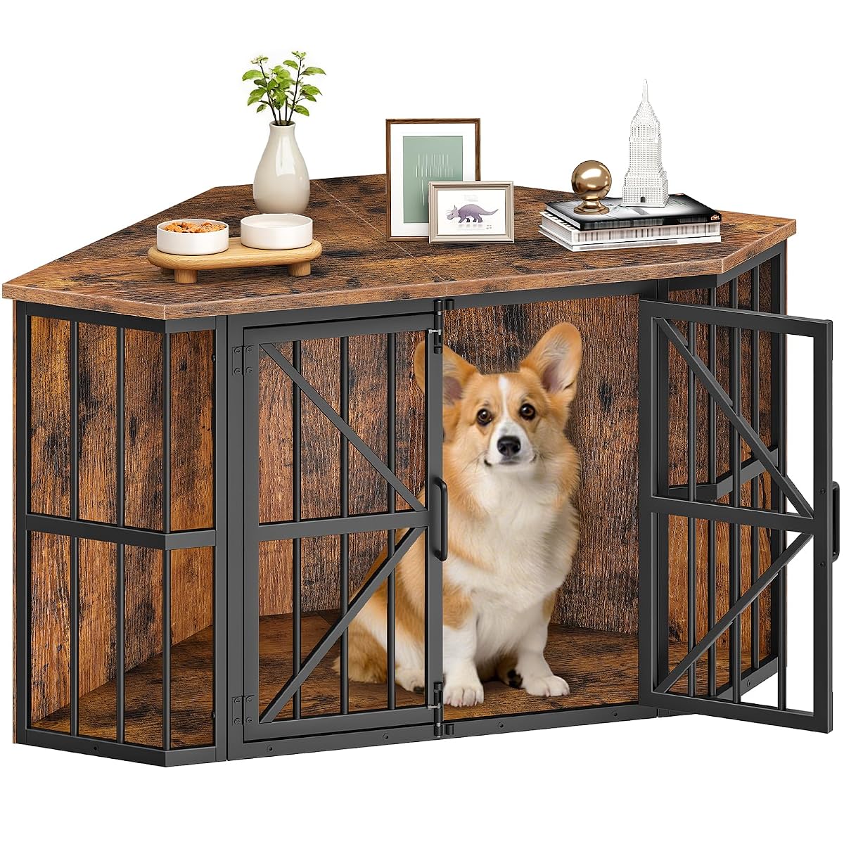 44" Corner Dog Crate Furniture for Medium Dogs, Rustic Brown