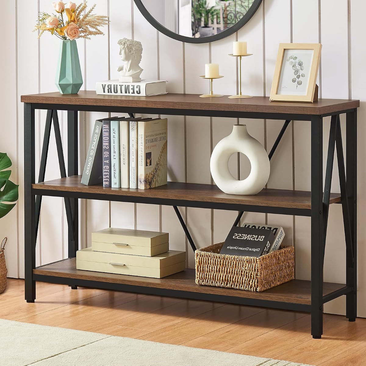 Entryway Console Table, Rustic Console Table with Wide Storage, Industrial Foyer for Entryway with 3-Tier Open Shelves, Entry Tables for Living Room, Hallway, Brown, 47 Inch