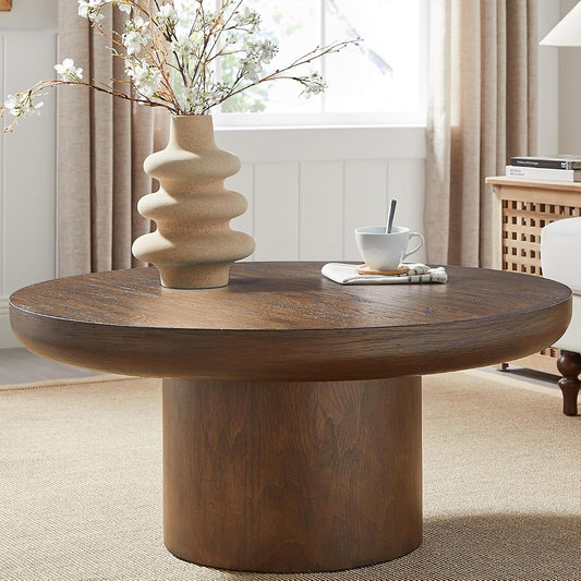 Round Coffee Table 36" Wood for Living Room Large Modern Solid Wooden Drum Circle Farmhouse Center Mid-Century Sofa Side Coffee Tables for Apartment Home Furniture Cocktail Tea Brown Easy Assemble