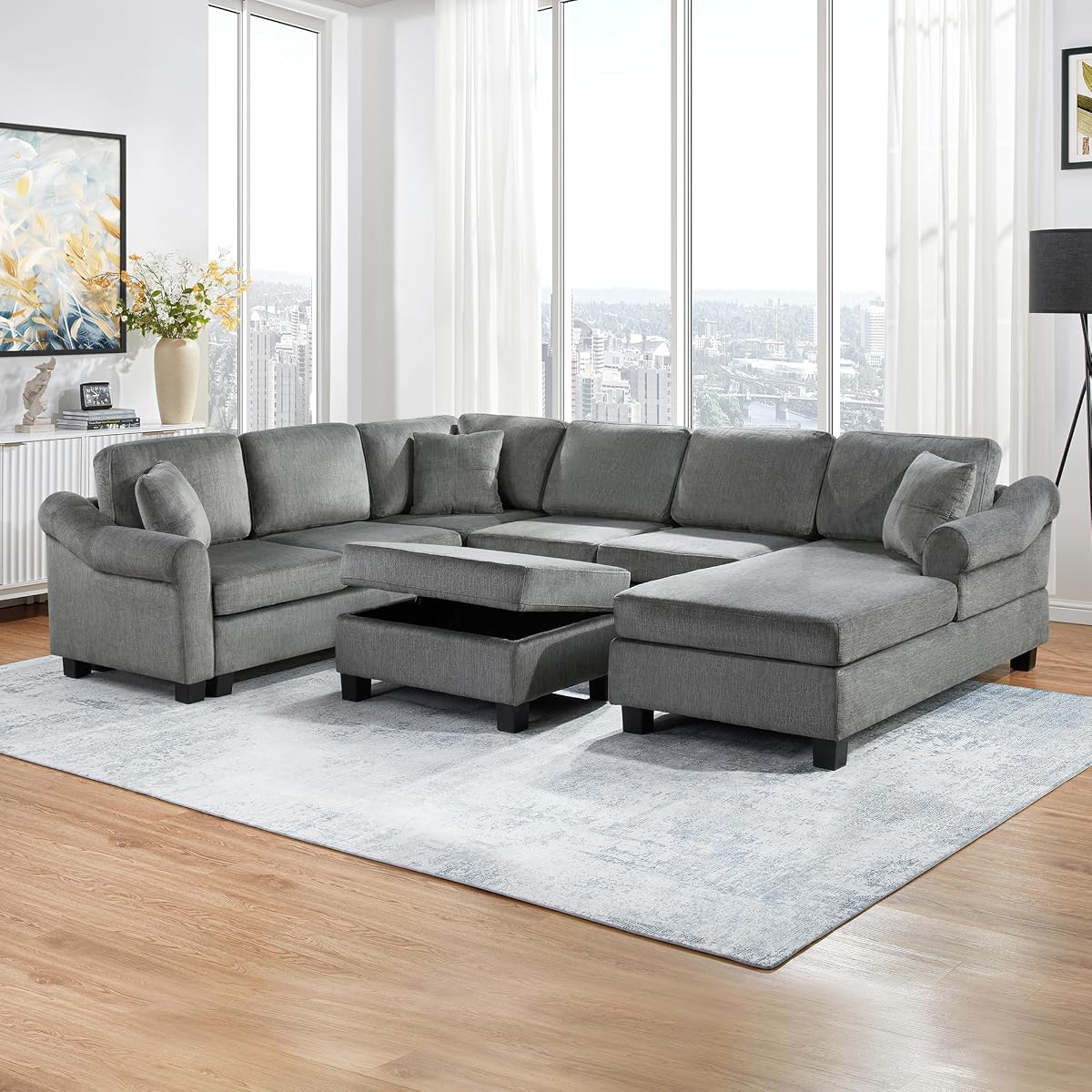 Sectional Sofa 111.8" U Shaped Sofa Chenille Upholstered Sofa Couch with Movable Storage Ottoman for Living Room, Dark Gray