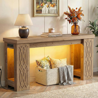 63" Console Table with Outlet, Farmhouse Entryway Table with Colorful LED Lights, Wooden Sofa Table with Unique Carved Design, Foyer Accent Table for Entrance, Hallway, Living Room Natural