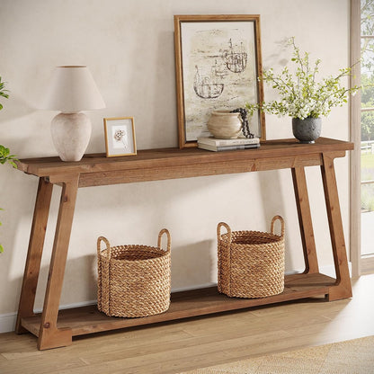 Solid Wood Console Table, 63-Inch Long Couch Table Behind Sofa with 2-Tier Storage, Narrow Entryway Accent Furniture for Living Room, Hallway, Entrance, Foyer (Natural)