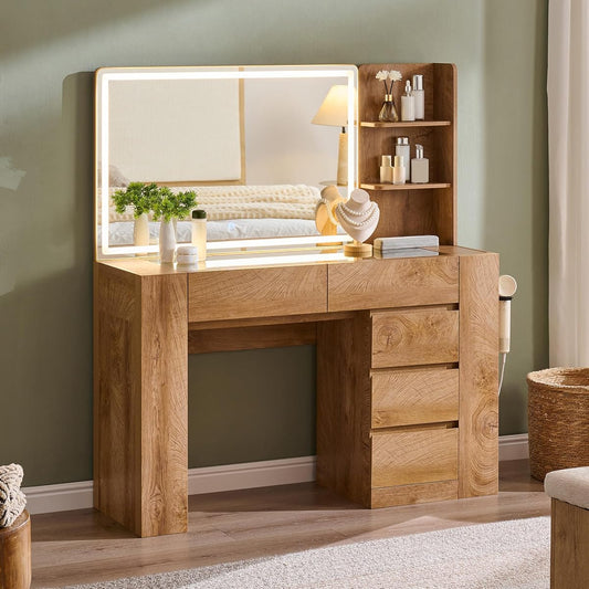 48" Modern Makeup Vanity Desk with Mirror and Lights Thickened Leg