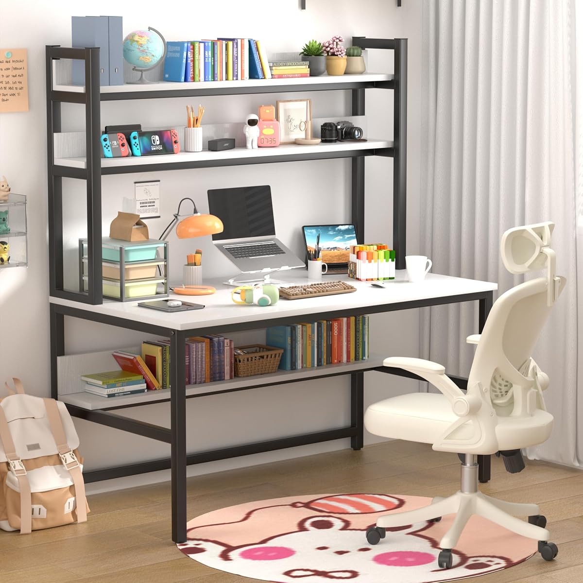Desk with Shelves, Computer Desk with Hutch, 55"