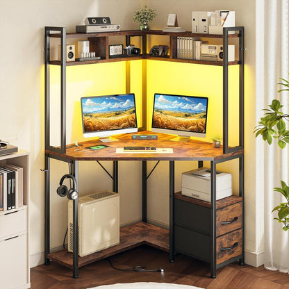 35.4" W x 63" H Corner Desk with Hutch & LED Lights, Triangle Corner Desk and Computer Desk with Drawers for Storage & Shelves and Hook, Office Desk for Bedroom Small Space, Rustic Brown