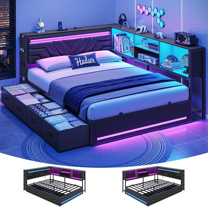 Queen Corner Bed Frame with Storage Bookcase,4 Drawers & Charging Station
