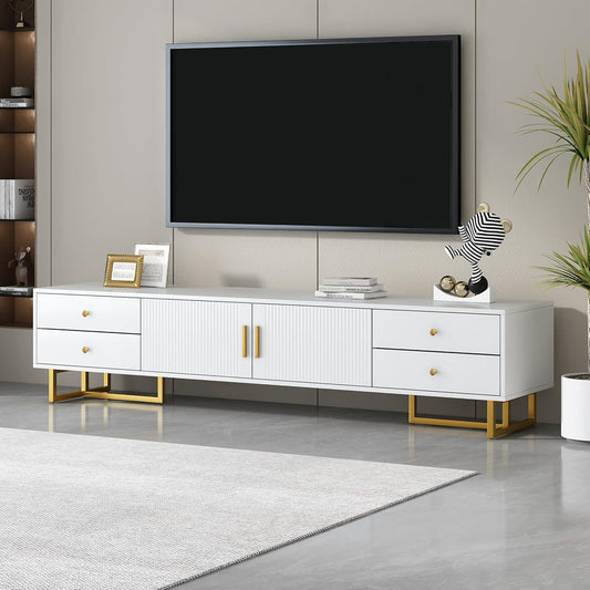Modern TV Stand with Drawers for TVs up to 75'', Media Console Storage Cabinet Entertainment Center Furniture for Living Room Bedroom, Gold Metal Legs, 70.9-Inch, White
