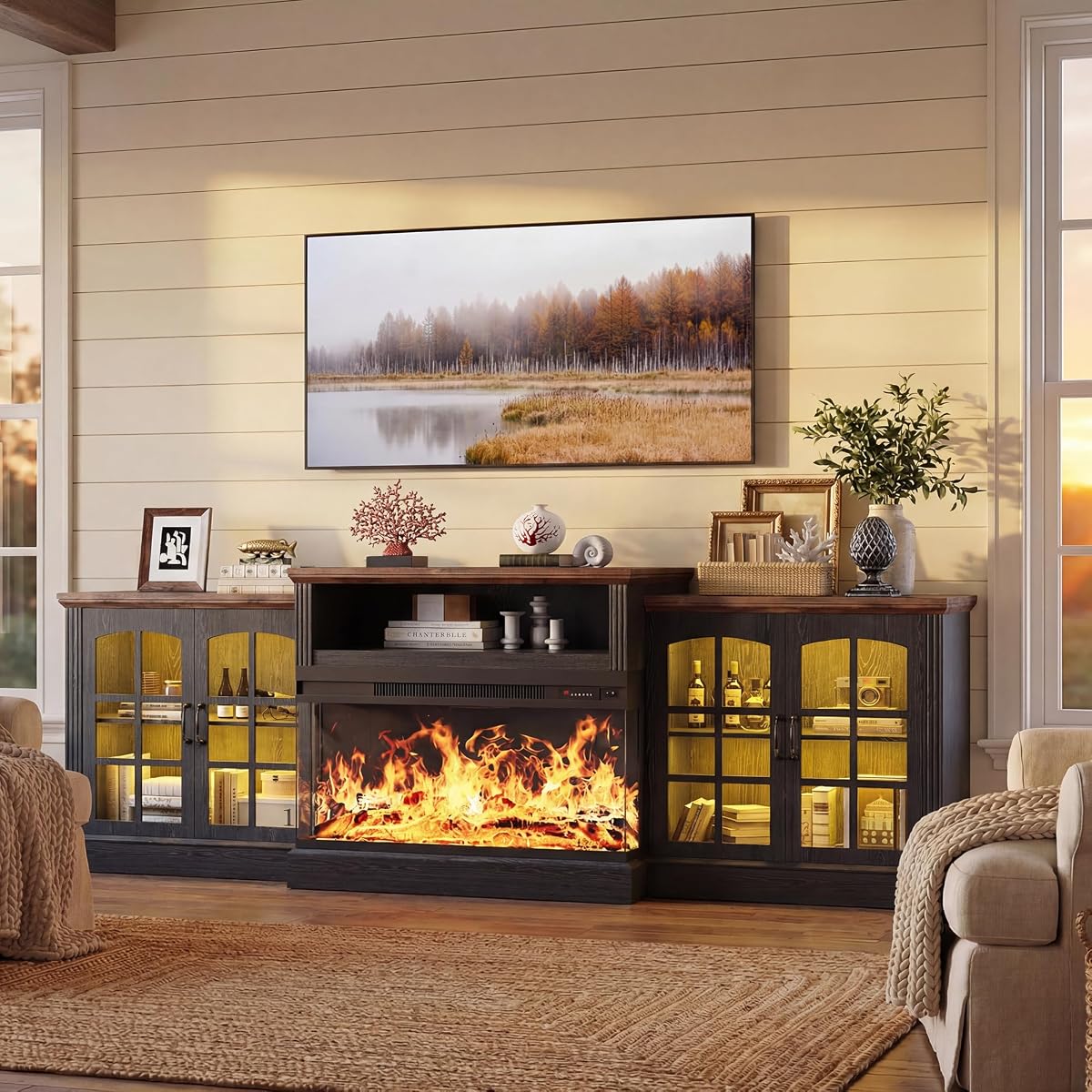 97" Farmhouse Fireplace TV Stand for TVs Up to 100"
