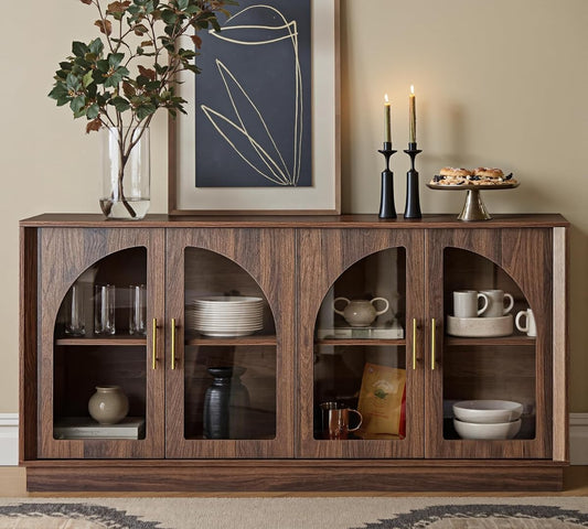 64" Sideboard Buffet Cabinet with Storage, Modern Accent Cabinet with Arched Glass Doors and Adjustable Shelves, Console Table Credenza for Living Room Dining Room Entryway, Walnut