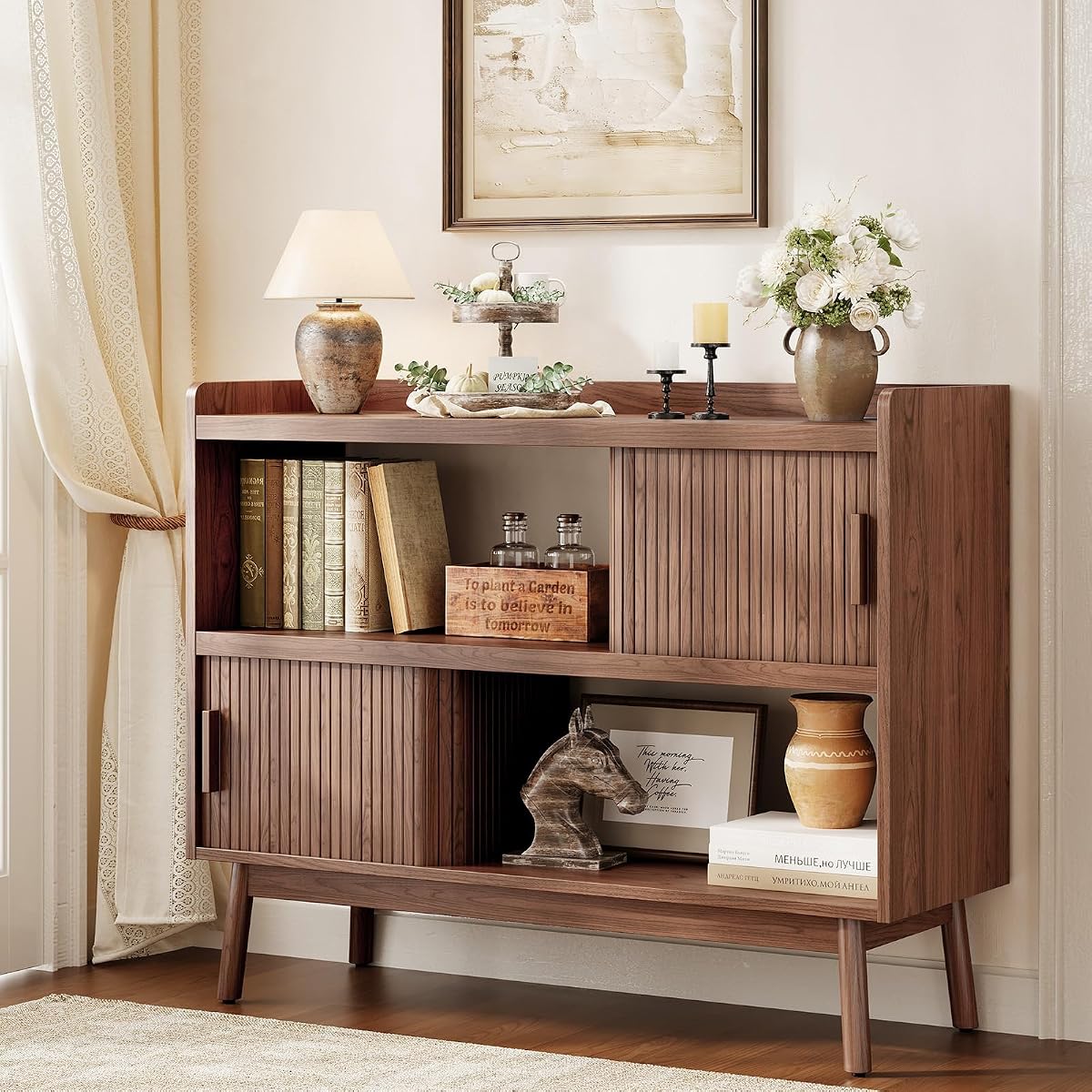 44" Sideboard Buffet Cabinet with Outlet & Sliding Door, Wlanut