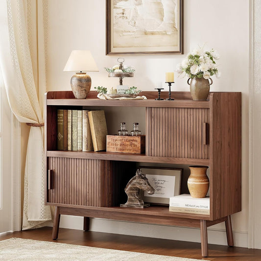 44" Sideboard Buffet Cabinet with Outlet & Sliding Door, Wlanut