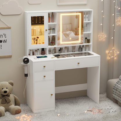 Makeup Vanity Desk with Mirror and Lights, White Vanity with Glass Top