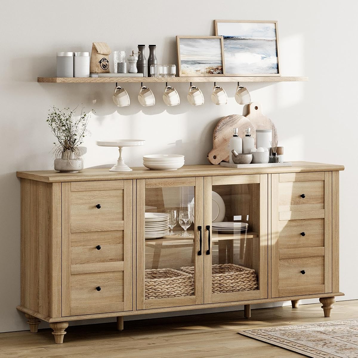 Farmhouse Buffet Cabinet with Glass Door, Wooden Sideboard, Oak, 58”