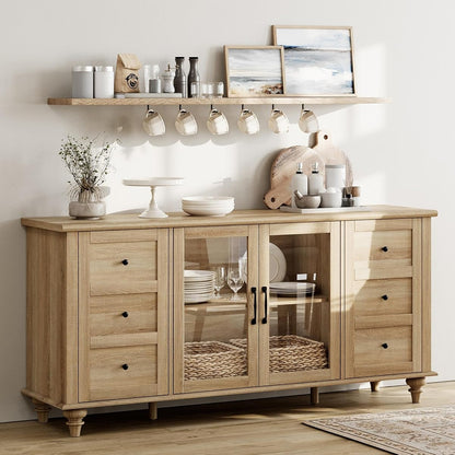 Farmhouse Buffet Cabinet with Glass Door, Wooden Sideboard, Oak, 58”