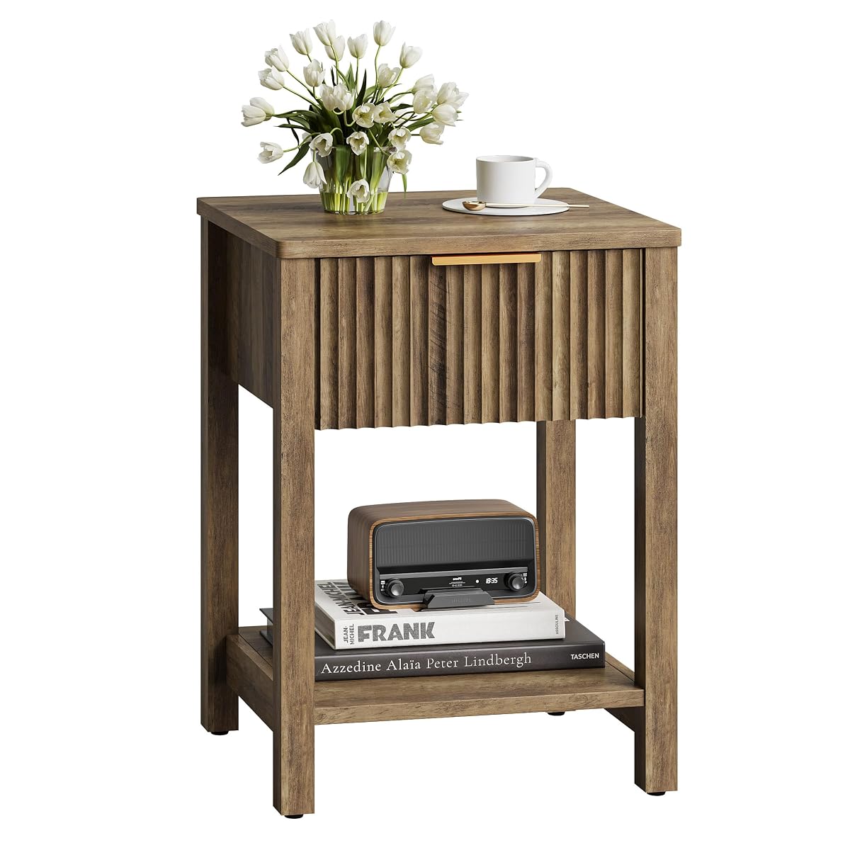 Fluted Nightstand with Drawer, Modern Beside Table with Open Shelf, Wood Brown Night Stand, Large Side Table, Curved Edge, End Table for Couch Bedroom Living Room (1, Brown) BNS102YW