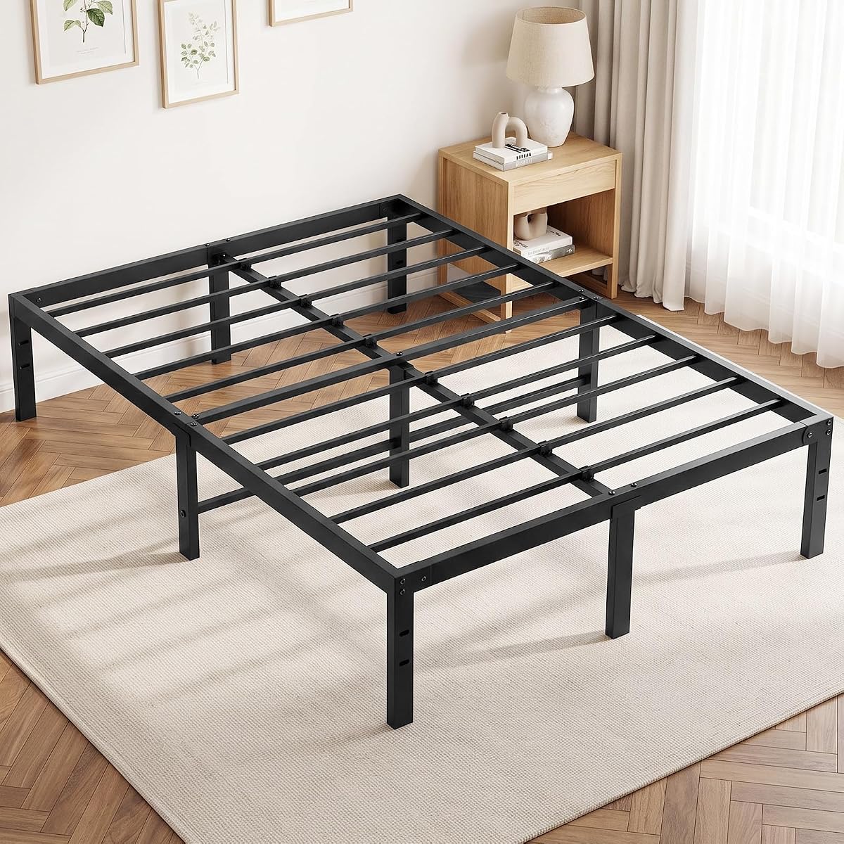 14In Metal Queen Bed Frame with Storage Space, 800LBS