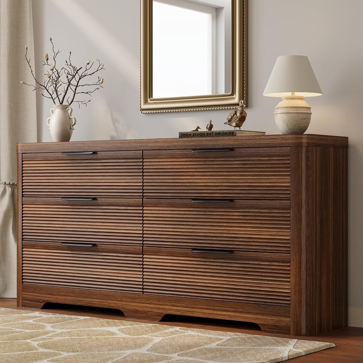 Fluted 6 Drawer Wood Dresser,Farmhouse Chest for Bedroom Entryway,Walnut