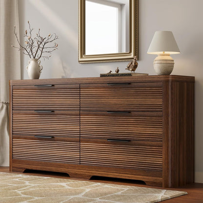 Fluted 6 Drawer Wood Dresser,Farmhouse Chest for Bedroom Entryway,Walnut