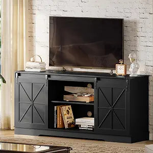 Farmhouse Black TV Stand for 65 Inch TV with Sliding Barn Doors, view 2